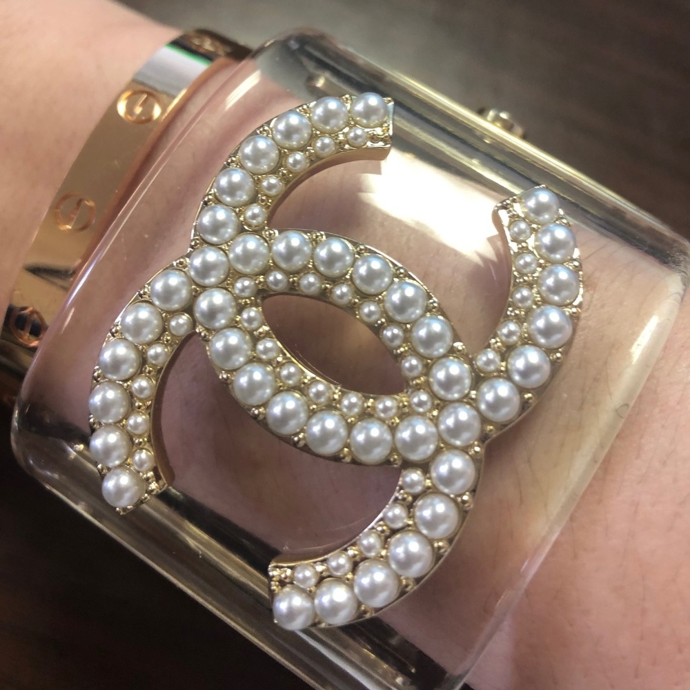 Auth Chanel bracelet cuff with faux pearls